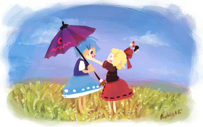 blonde_hair, blue_eyes, blue_hair, blush_stickers, bow, cloud, clouds, doll