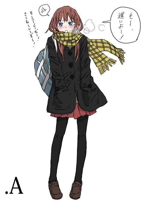 bag, blue_eyes, blush, bridgesignal, brown_hair, cold, hands_in_pockets, legs