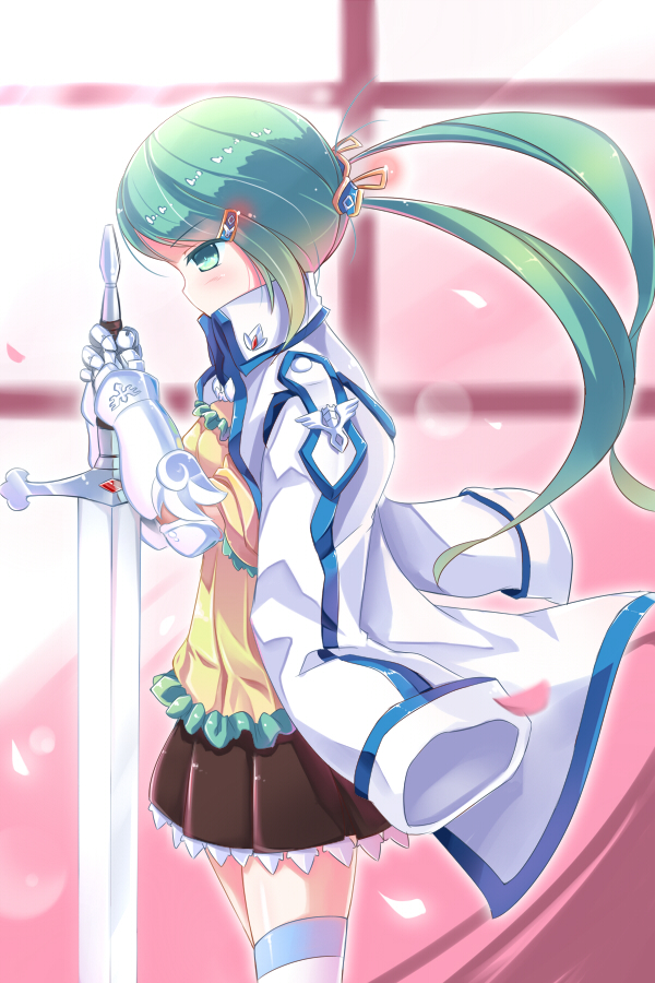 frilled_skirt, frills, gauntlets, green_eyes, green_hair, hair_ornament, hairpin, holding