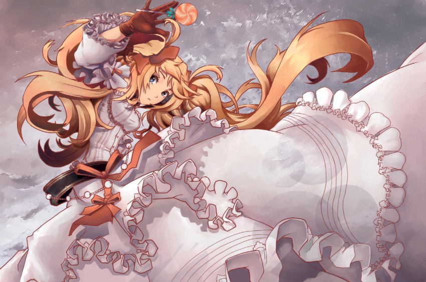 blue_eyes, bow, candy, dress, frilled_dress, frills, gloves, isfeldt