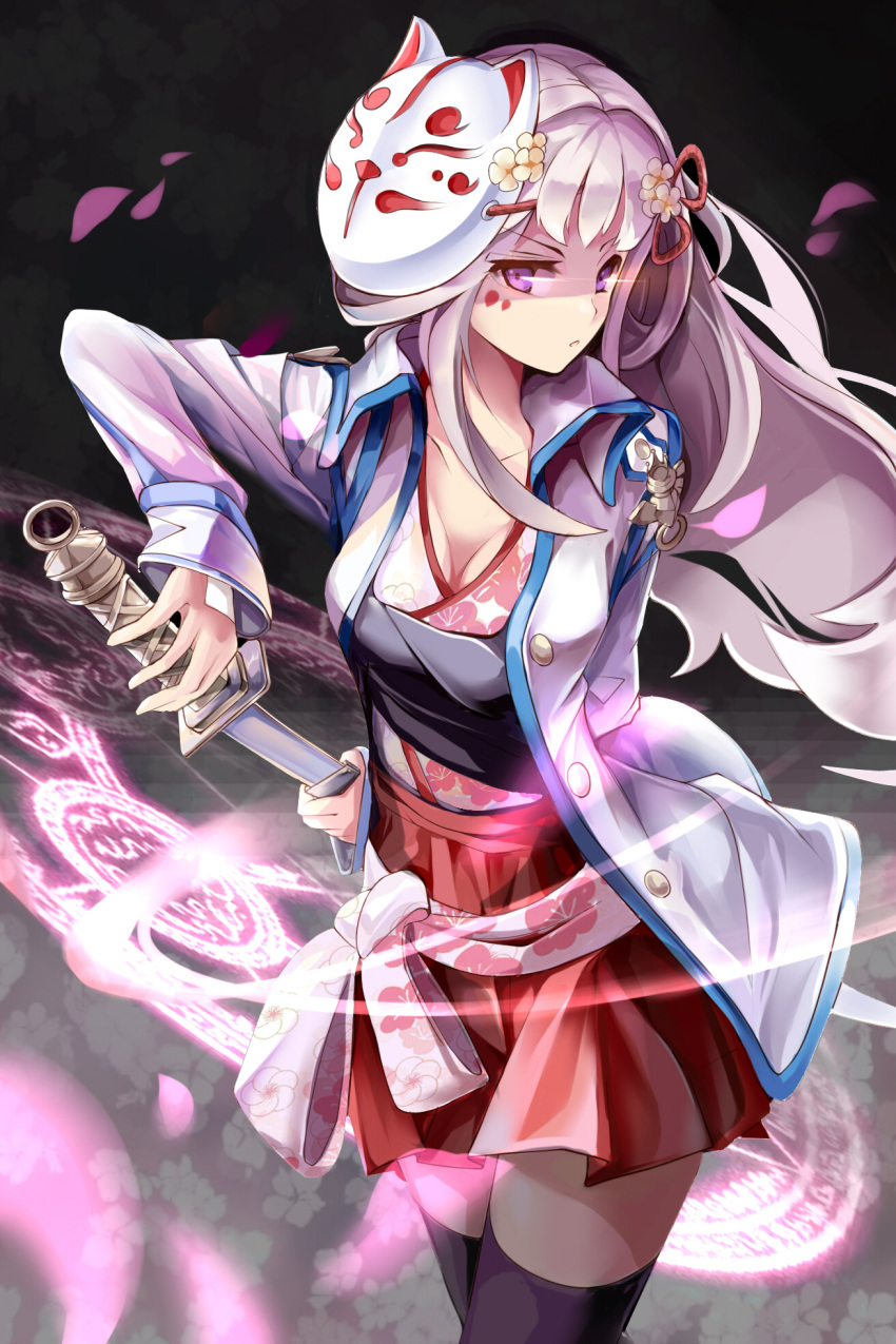 arm_behind_back, black_legwear, breasts, cleavage, frown, glowing, hair_ornament, hairpin, highres, holding, jacket, kimono, light_trail, long_hair, magic_circle, mask, petals, pink_hair, pintail, pleated_skirt, purple_eyes, sheath, skirt, solo, sword, sword_girls, thigh-highs, thighhighs, unsheathing, violet_eyes, vkdlfl777, wa_lolita, weapon
