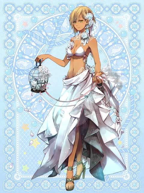 anklet, bikini_top, birdcage, blonde_hair, cage, dark_skin, dress, end_breaker!