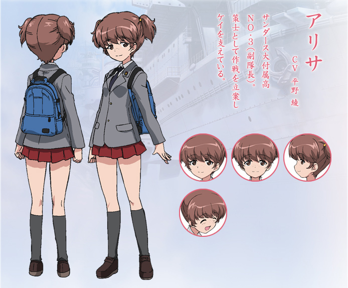 alisa, backpack, bag, brown_eyes, brown_hair, character_sheet, concept_art, dress_shirt