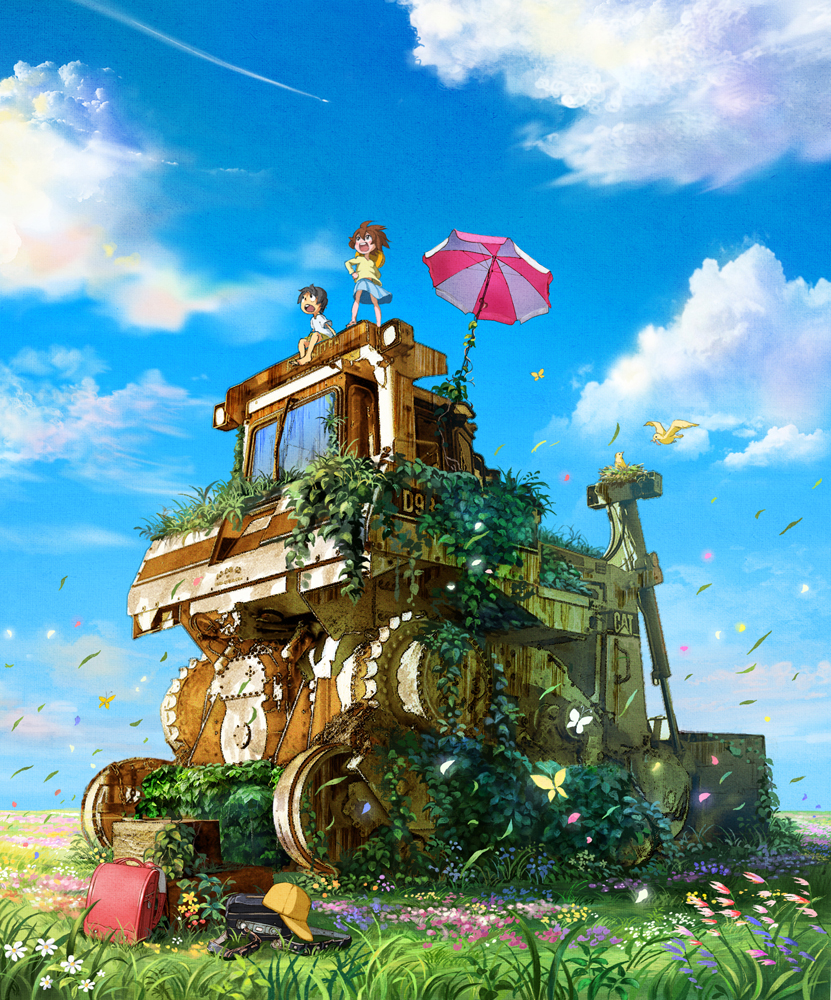 1girl, backpack, bag, bird, black_hair, brown_hair, bulldozer, cloud, clouds, developmentofmine, flower, grass, hat, leaf, original, overgrown, randoseru, ruins, short_hair, skirt, sky, umbrella, ume, vehicle, vehicles