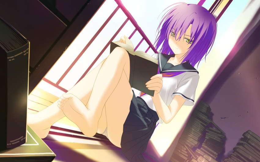 barefoot, book, crossed_legs, dutch_angle, feet, game_cg, green_eyes, highres
