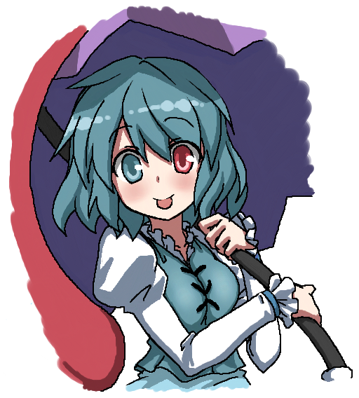 blue_hair, deku_(pixiv26269), heterochromia, looking_at_viewer, red_eyes, smile, solo, tatara_kogasa