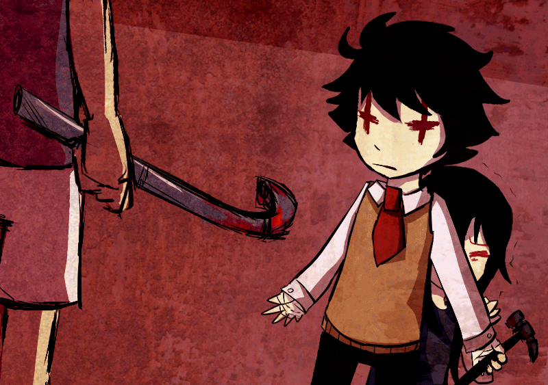 .flow, 1boy, 2girls, animated, animated_gif, black_hair, blood, hammer