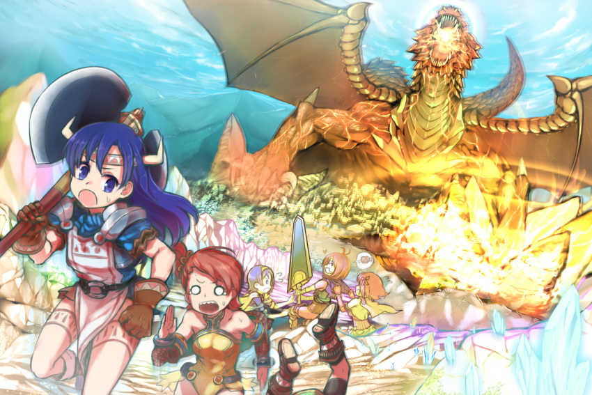alternate_reality, amami_haruka, axe, dragon, empty_eyes, flame, food, futami_ami