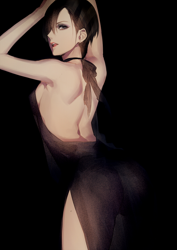back, bare_back, bare_shoulders, blue_eyes, brown_eyes, dress, earrings, hair_over_one_eye