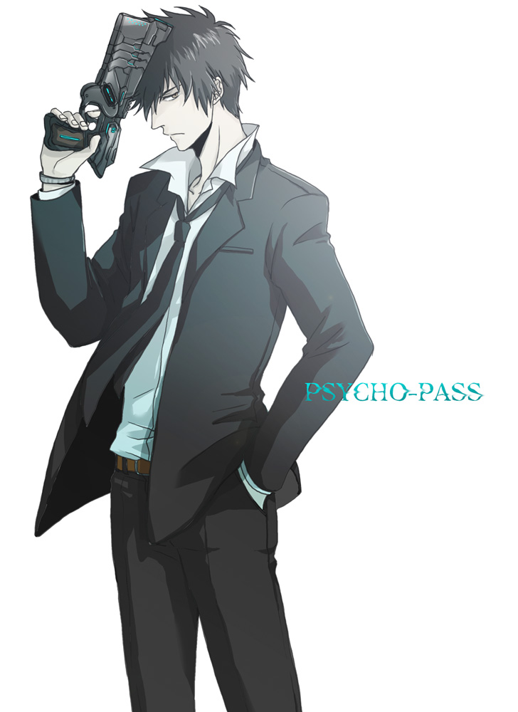 black_hair, dominator_(gun), formal, fujiko_(siokoji), gun, handgun, kougami_shin'ya, kougami_shin'ya, necktie, psycho-pass, short_hair, solo, suit, weapon