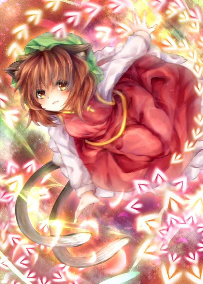 :3, animal_ears, blush, brown_eyes, brown_hair, cat_ears, cat_tail, chen