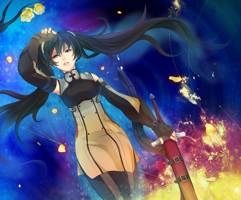 fingerless_gloves, fire_emblem, fire_emblem:_kakusei, flower, gloves, hino_michi, pantyhose, red_eyes, selena_(fire_emblem:_kakusei), sword, twintails, weapon