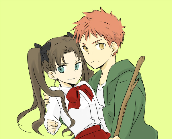1girl, blue_eyes, bow, child, emiya_shirou, fate/stay_night, fate/zero, fate_(series), hair_bow, jacket, red_hair, redhead, sakae4, smile, stick, tohsaka_rin, toosaka_rin, twintails, yellow_eyes, young
