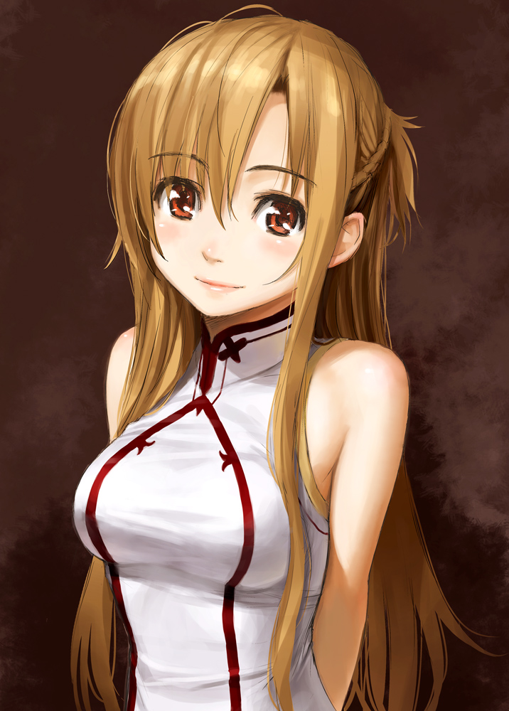 arms_behind_back, asuna_(sao), bare_shoulders, blush, brown_eyes, brown_hair, bust, homunculus_(artist), long_hair, looking_at_viewer, sleeveless, smile, solo, sword_art_online