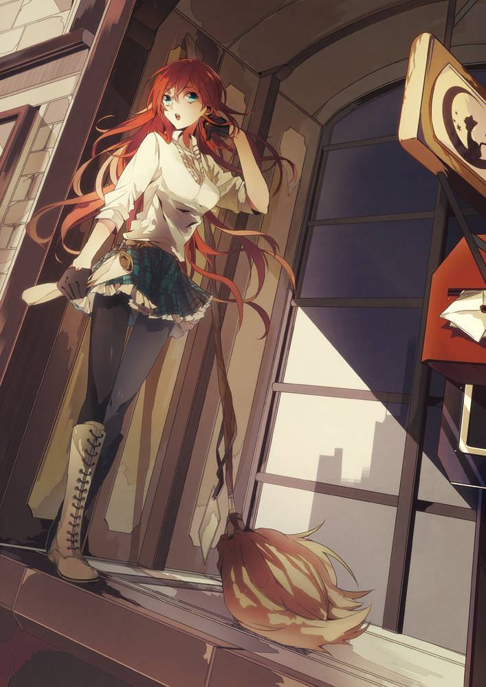 blue_eyes, boots, broom, gloves, guru_(nicocco), long_hair, open_mouth, orange_hair, original, pantyhose, skirt, sleeves_rolled_up, standing, thigh-highs, thighhighs
