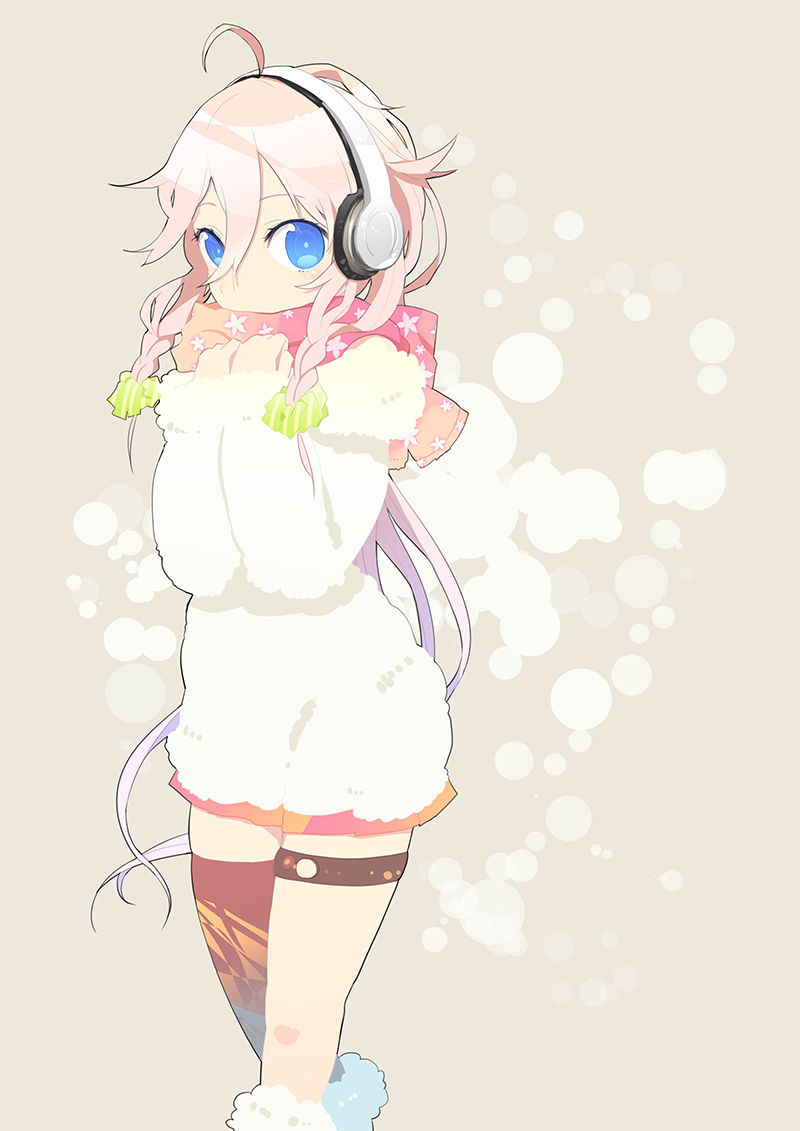 ahoge, blue_eyes, braid, headphones, ia_(vocaloid), kgr, long_hair, looking_at_viewer, pink_hair, single_thighhigh, skirt, solo, thigh-highs, thigh_strap, thighhighs, twin_braids, vocaloid