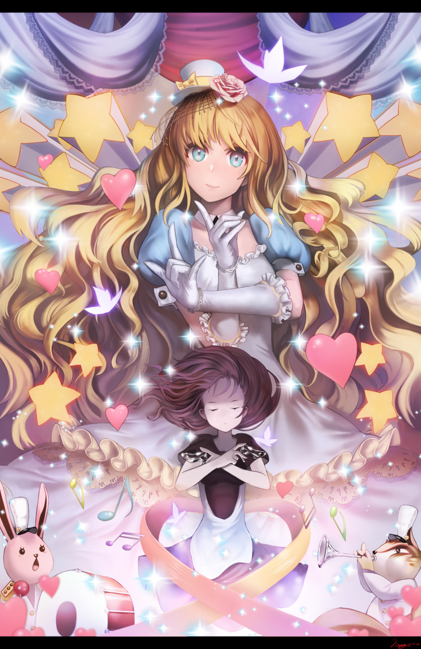 absurdres, blonde_hair, blue_eyes, brown_hair, bunny, cinderella, cinderella_(grimm), dress