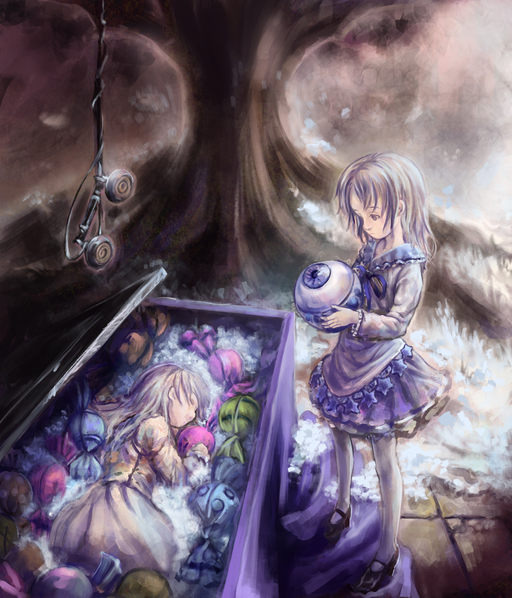 amejou_satoshi, coffin, copyright_request, dress, eyeball, flower, food, frills, lace, multiple_girls, phone, purple_hair, tree, white_hair