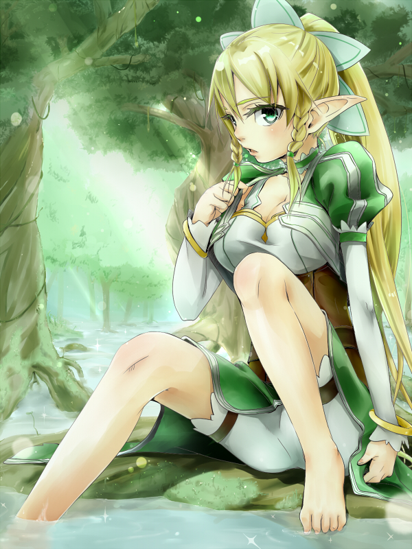 akisyuuno, barefoot, blonde_hair, blush, bracelet, braid, breasts, cleavage