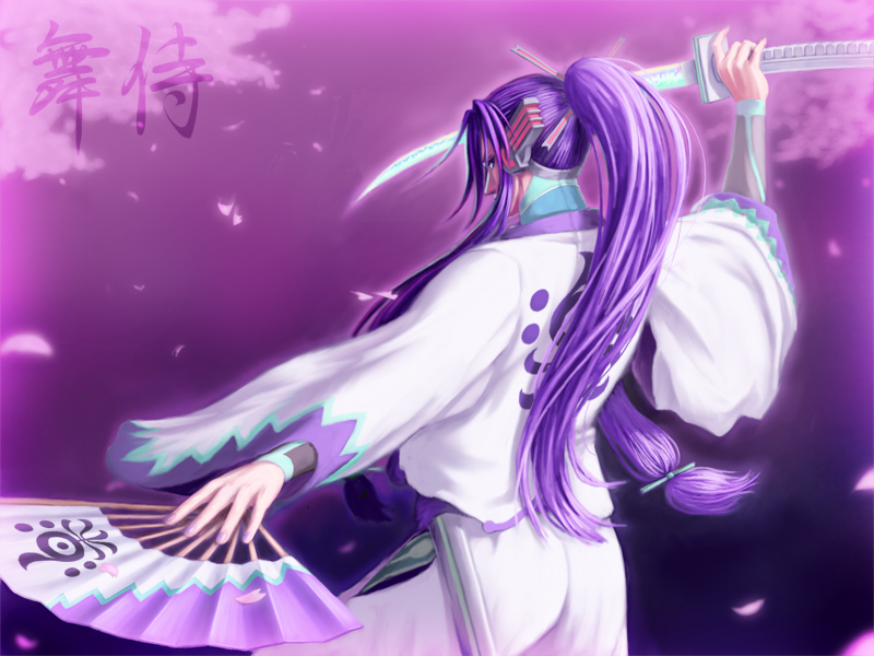 dugan, fan, headphones, kamui_gakupo, katana, long_hair, looking_back, male