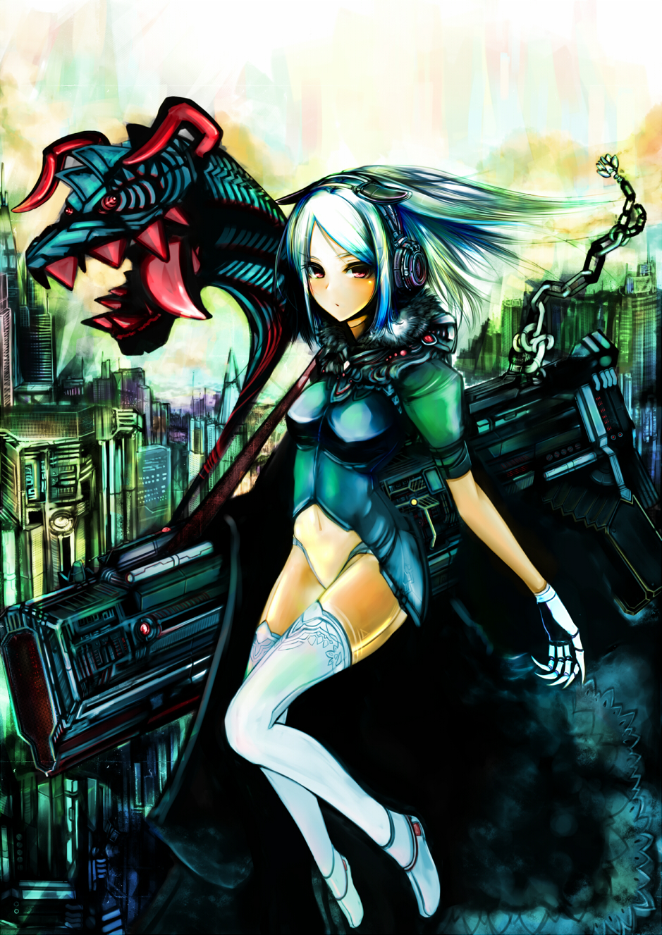 gun, highres, red_eyes, short_hair, silver_hair, solo, thigh-highs, thighhighs