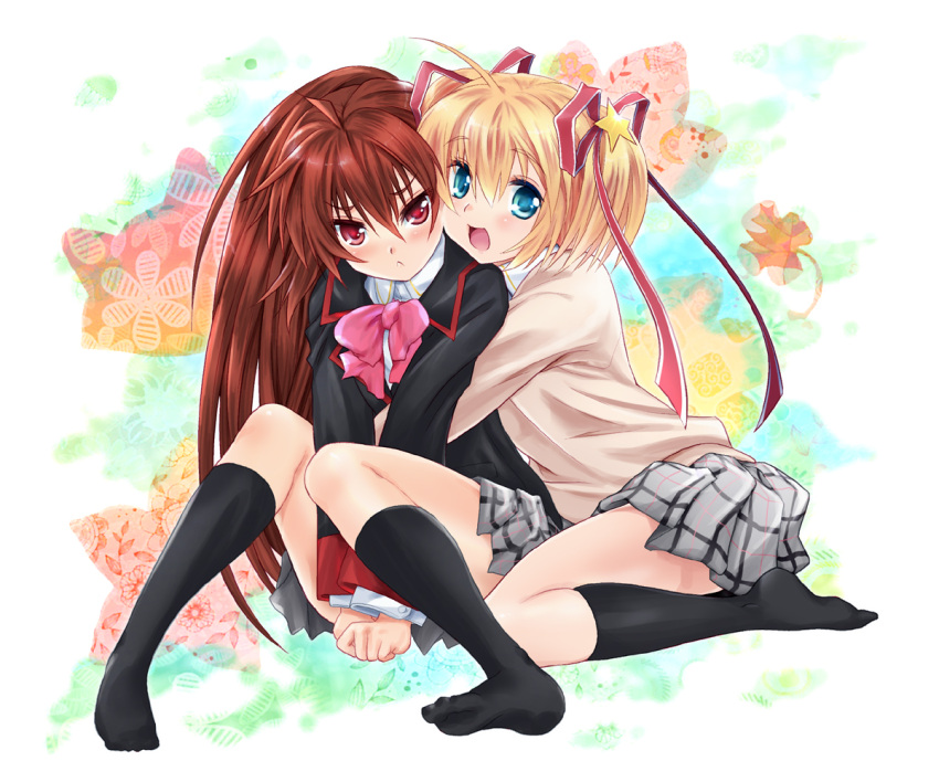 blonde_hair, blue_eyes, brown_hair, full_body, kamikita_komari, little_busters!!, long_hair, multiple_girls, natsume_rin, plaid, plaid_skirt, ponytail, red_eyes, ribbon, school_uniform, short_hair, skirt, sumegari_hamao, twintails