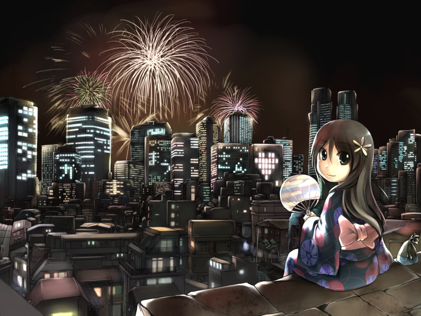 aerial_fireworks, artist_name, bag, black_eyes, brown_hair, building, city, cityscape