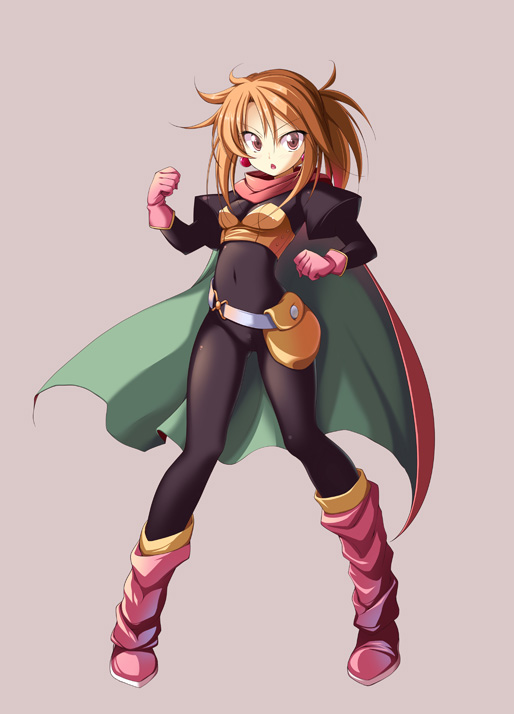 bag, bodysuit, boots, brown_eyes, brown_hair, cape, clothed_navel, dragon_quest, dragon_quest_iii, gloves, iga_(nonono_tsuushin), pink_background, puffy_sleeves, short_hair, solo, thief_(dq3), twintails