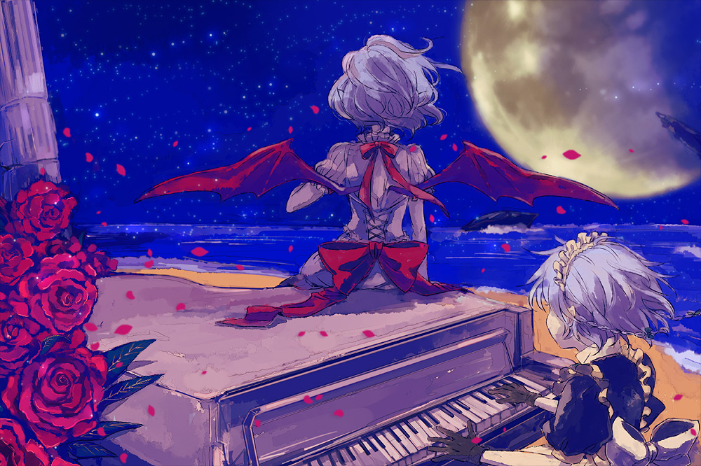 bat_wings, floating_hair, flower, from_behind, gloves, instrument, izayoi_sakuya, maid, maid_headdress, mattie, moon, multiple_girls, night, night_sky, no_hat, no_headwear, ocean, petals, piano, remilia_scarlet, ribbon, rose, rose_petals, short_hair, sky, star_(sky), starry_sky, touhou, vampire, wind, wings