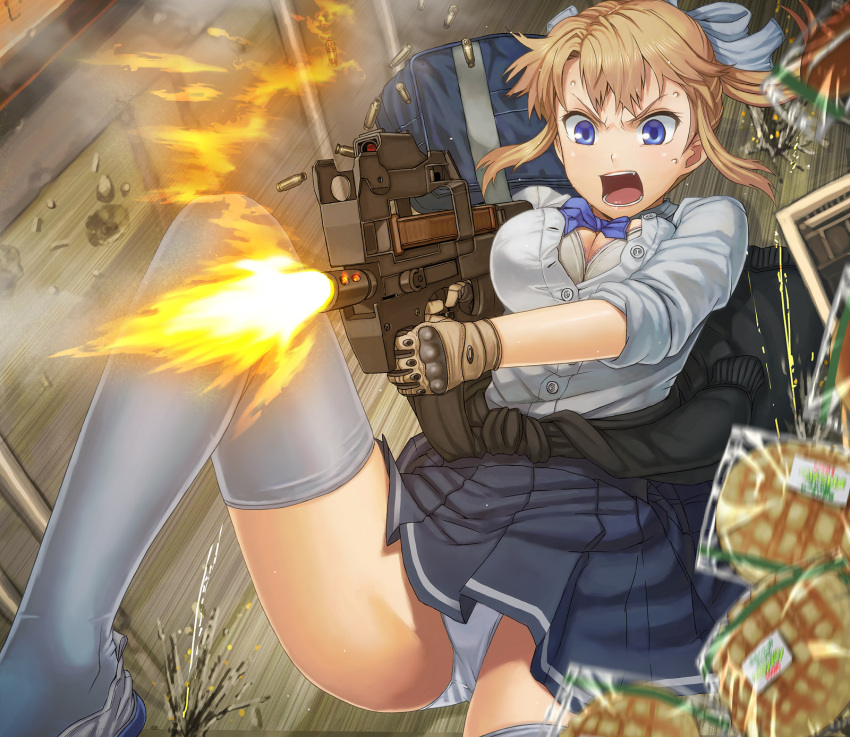 >:o, blonde_girl_(itou), blonde_hair, blue_eyes, blurry, bra, bread, breasts