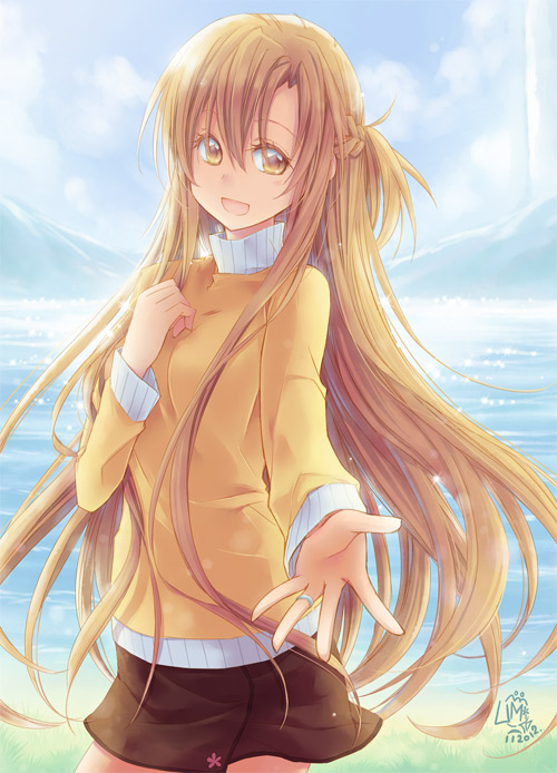 :d, asuna_(sao), brown_eyes, brown_hair, foreshortening, half_updo, jewelry, long_hair