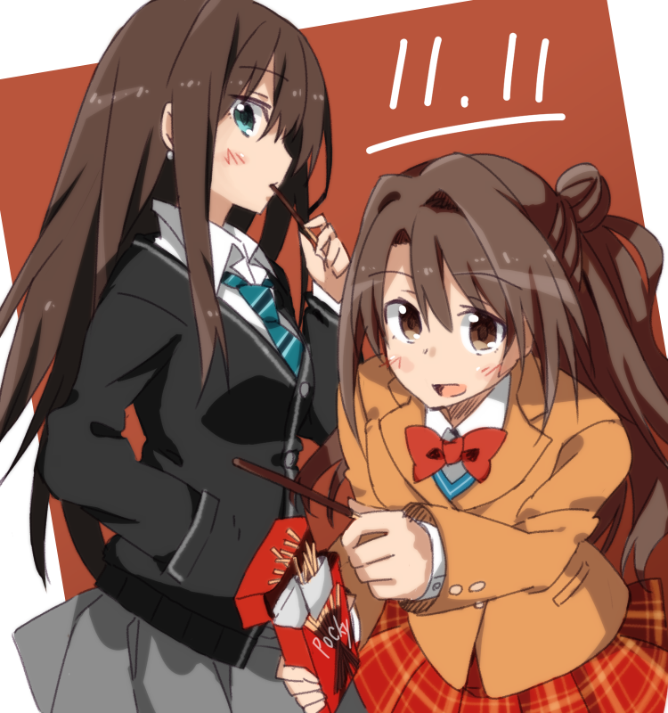 blazer, blush, bow, brown_eyes, brown_hair, cardigan, exion_(neon), green_eyes