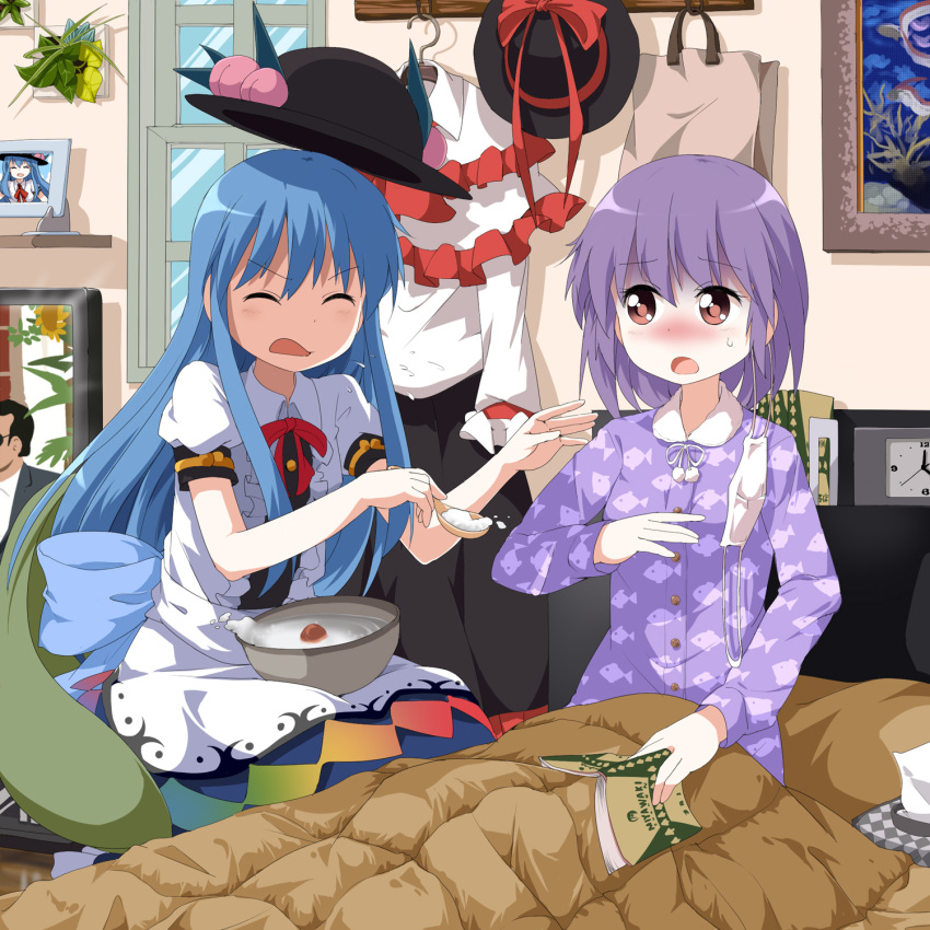 alternate_costume, blanket, blue_hair, book, clock, closed_eyes, clothes_on_wall, contemporary