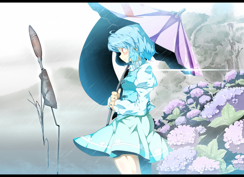 blue_hair, blush, bus_stop, flower, highres, jinkou-kuu, juliet_sleeves, letterboxed