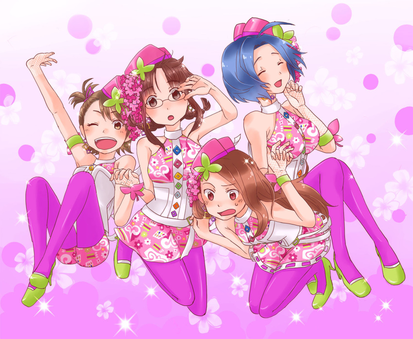 4girls, akizuki_ritsuko, bisuke_(bisco), blush, closed_eyes, eyes_closed, futami_ami, glasses