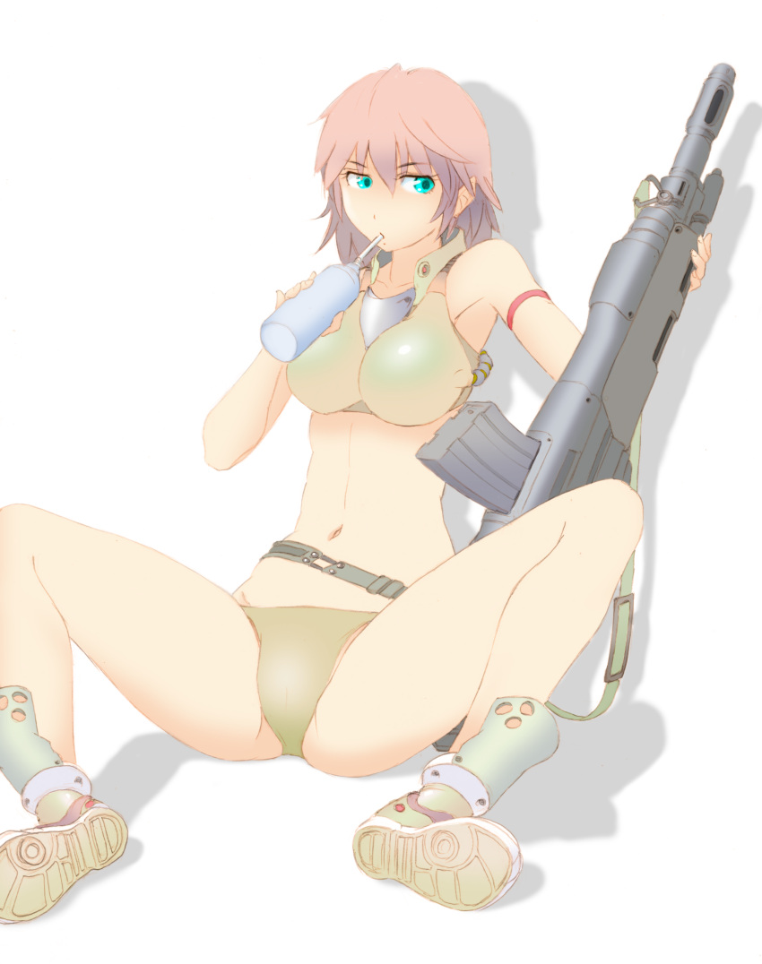 absurdres, bikini, breasts, gun, highres, original, panah, simple_background