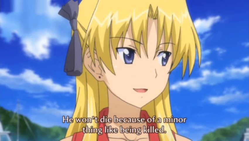 1girl, blonde_hair, campione!, clouds, erica_blandelli, fansub, jewelry, long_hair