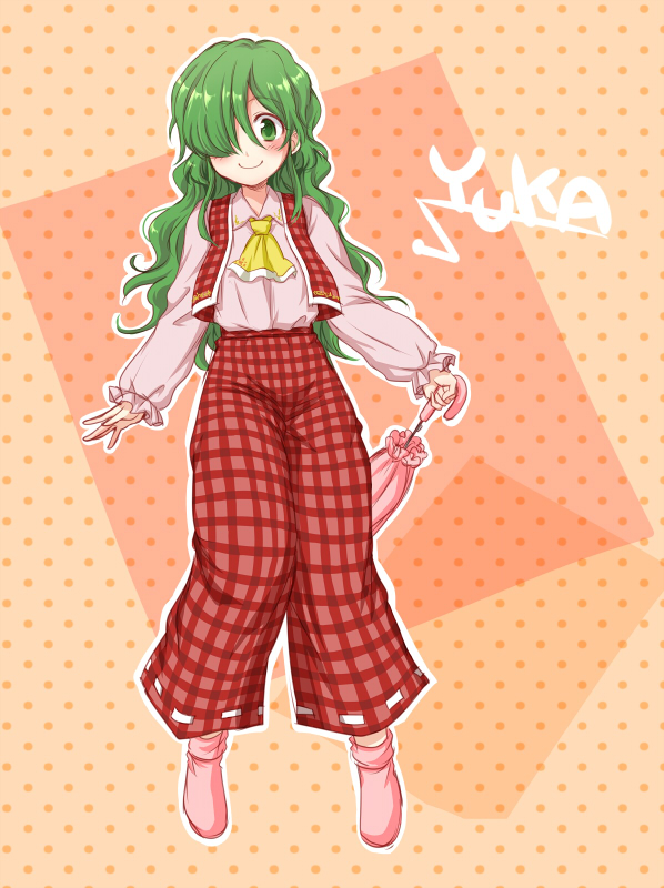 ascot, blush, closed_umbrella, dress_shirt, green_eyes, green_hair, hair_over_one_eye, kazami_yuuka