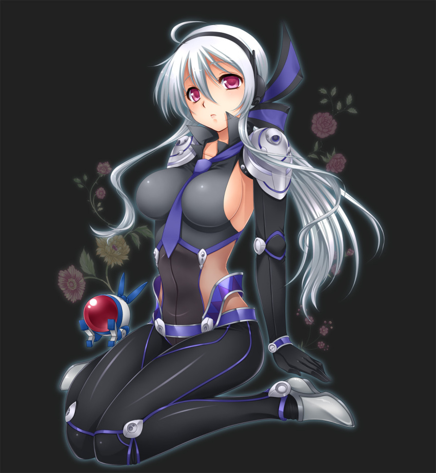 bow, breasts, flower, garako, hair_bow, headset, highres, long_hair, payot, pilot_suit, ponytail, purple_eyes, r-type, sideboob, silver_hair, sitting, solo, very_long_hair, violet_eyes, vocaloid, voyakiloid, wariza, yowane_haku