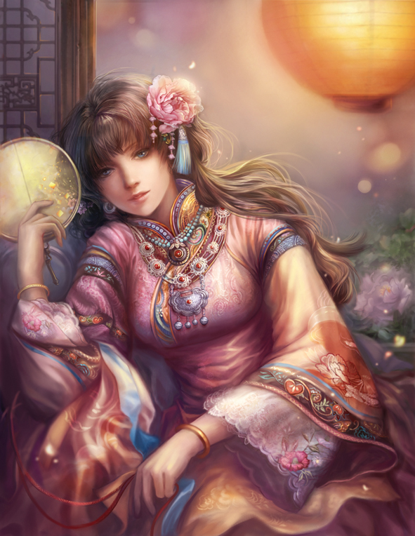 axis_powers_hetalia, blue_eyes, bracelet, brown_hair, chinese_clothes, earrings, eyelashes, face, fan, flower, hair_flower, hair_ornament, jewelry, jiuge, lantern, lips, long_hair, looking_at_viewer, necklace, petals, pink_rose, realistic, rose, sitting, taiwan_(hetalia), wide_sleeves