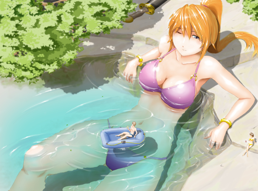2girls, absurdres, bikini, breasts, cleavage, giantess, highres, inflatable_raft