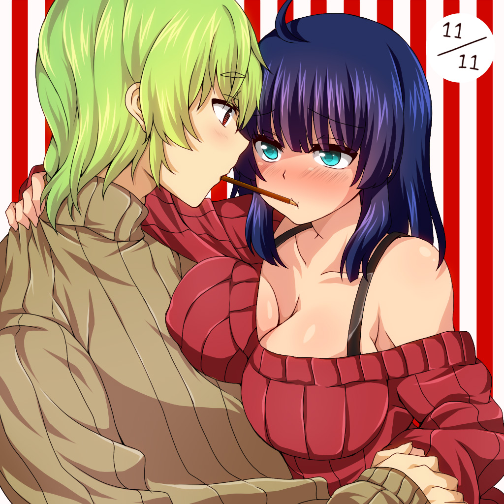 1girl, ahoge, aqua_eyes, blue_eyes, blue_hair, blush, breasts, cleavage