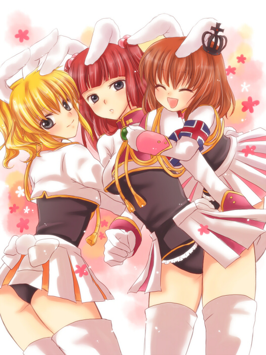animal_ears, armband, blonde_hair, blue_eyes, bow, bunny_ears, cosplay, crown