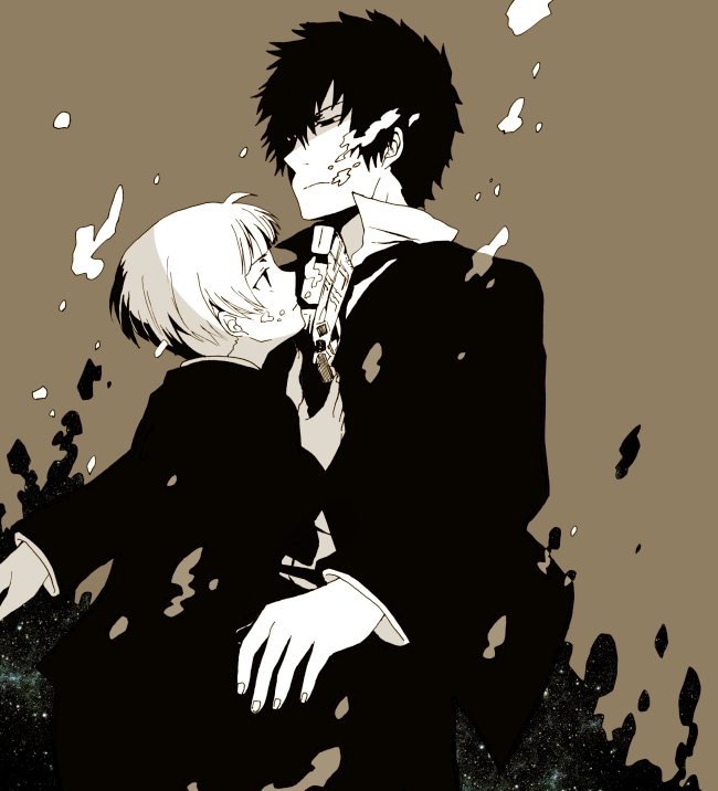 1boy, 1girl, artist_request, bangs, black_eyes, black_hair, brown_background, bubble, eye_contact, formal, gun, kougami_shin'ya, kougami_shin'ya, kybanchou, looking_at_another, monochrome, psycho-pass, short_hair, simple_background, skirt_suit, spot_color, suit, tsunemori_akane, weapon