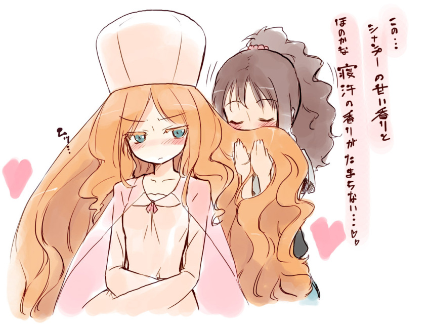 annoyed, blonde_hair, blush, brown_hair, cattleya_(pokemon), closed_eyes, crossed_arms, elite_four, eyes_closed, frown, green_eyes, hair_sniffing, hat, heart, homura_subaru, long_hair, multiple_girls, pokemon, pokemon_(game), pokemon_black_and_white, pokemon_bw, ponytail, smelling, touko_(pokemon), translated, translation_request, very_long_hair, white_(pokemon), yuri