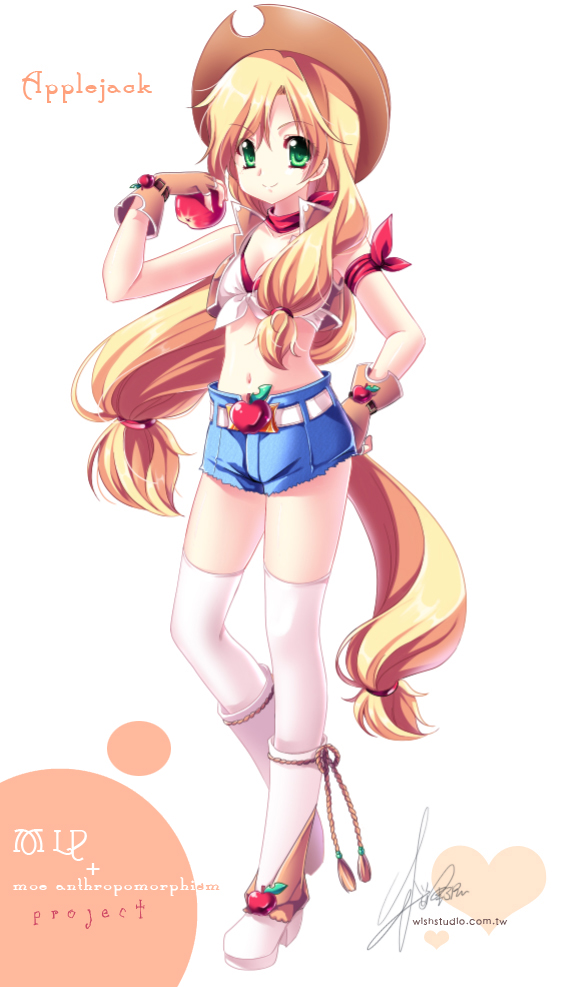 >:), apple, applejack, blonde_hair, boots, breasts, byruu, character_name, cowboy_boots, cowboy_hat, cowgirl, fingerless_gloves, food_themed_clothes, fruit, gloves, green_eyes, hat, heart, long_hair, looking_at_viewer, low-tied_long_hair, midriff, my_little_pony, my_little_pony_friendship_is_magic, personification, ponytail, short_shorts, shorts, signature, socks, solo, tail, thighhighs, tied_shirt, very_long_hair, watermark, web_address, white_legwear
