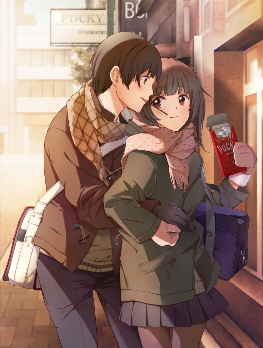 1boy, 1girl, absurdres, bag, black_eyes, black_legwear, brown_hair, female
