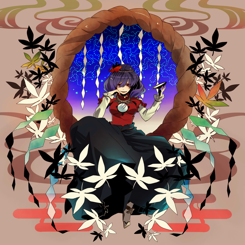feet, kakueki-teisha, long_skirt, purple_hair, red_eyes, sakazuki, shimenawa, short_hair, sitting, skirt, solo, touhou, yasaka_kanako