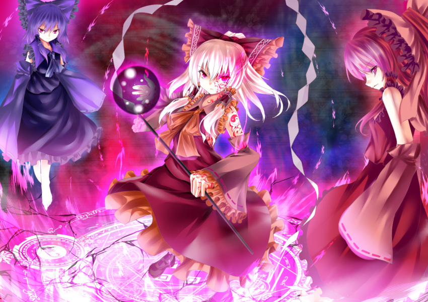 alternate_color, ascot, barefoot, blue_hair, bow, dera-x!!, energy_ball, gohei
