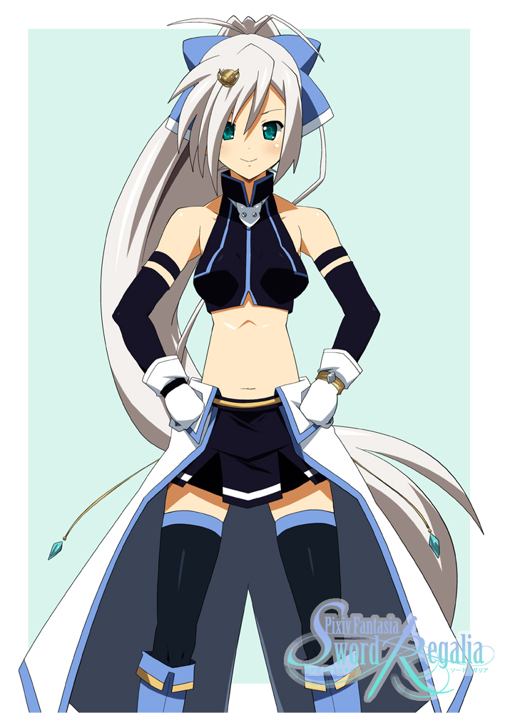 blush, breasts, hands_on_hips, long_hair, looking_at_viewer, pixiv_fantasia, pixiv_fantasia_sword_regalia, ponytail, shin'ya_(nanp), shin'ya_(nanp), smile, solo, thigh-highs, thighhighs, very_long_hair